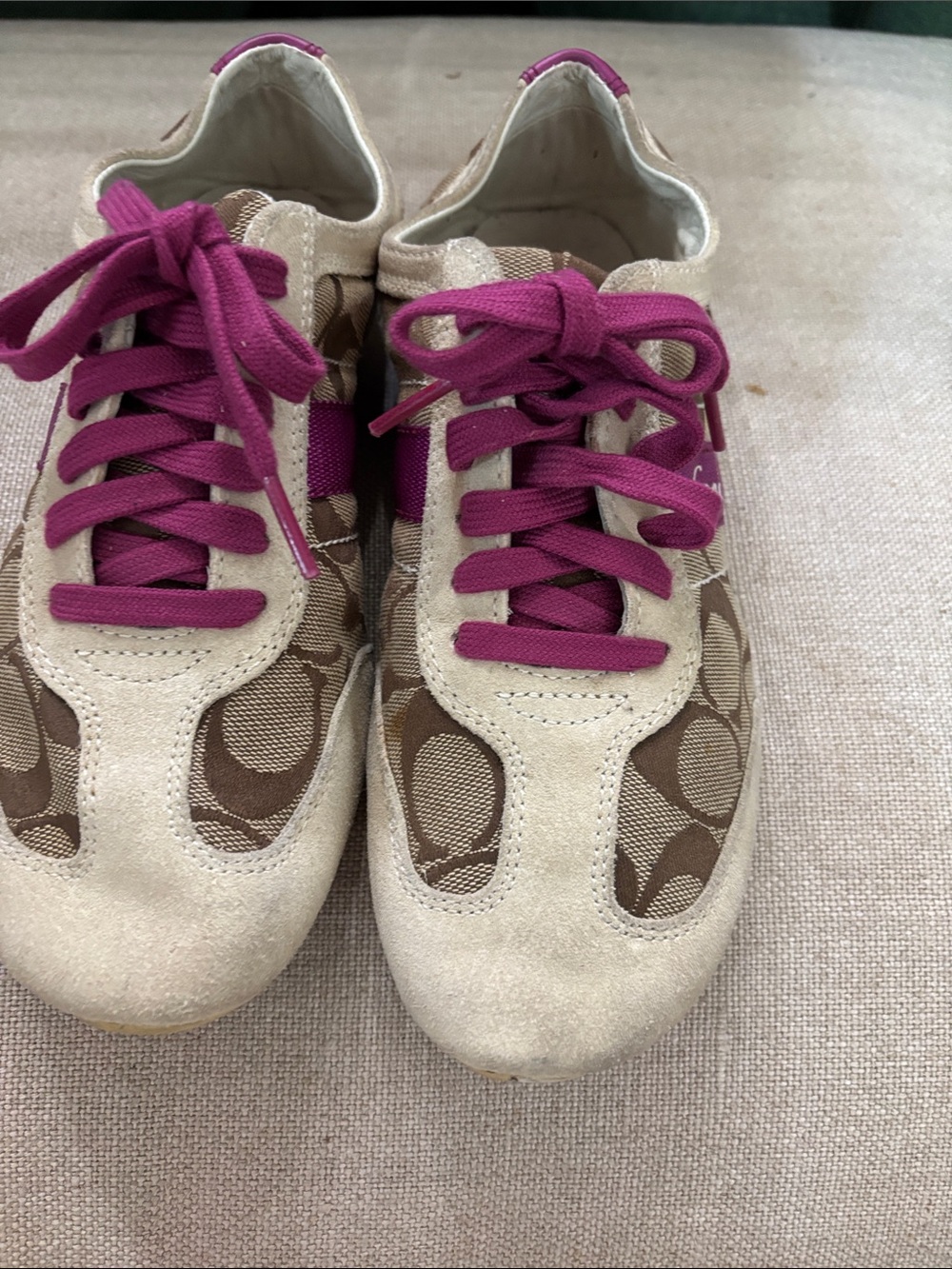Coach Beige & Brown Logo Kids Sneakers with Bright Pink Laces
